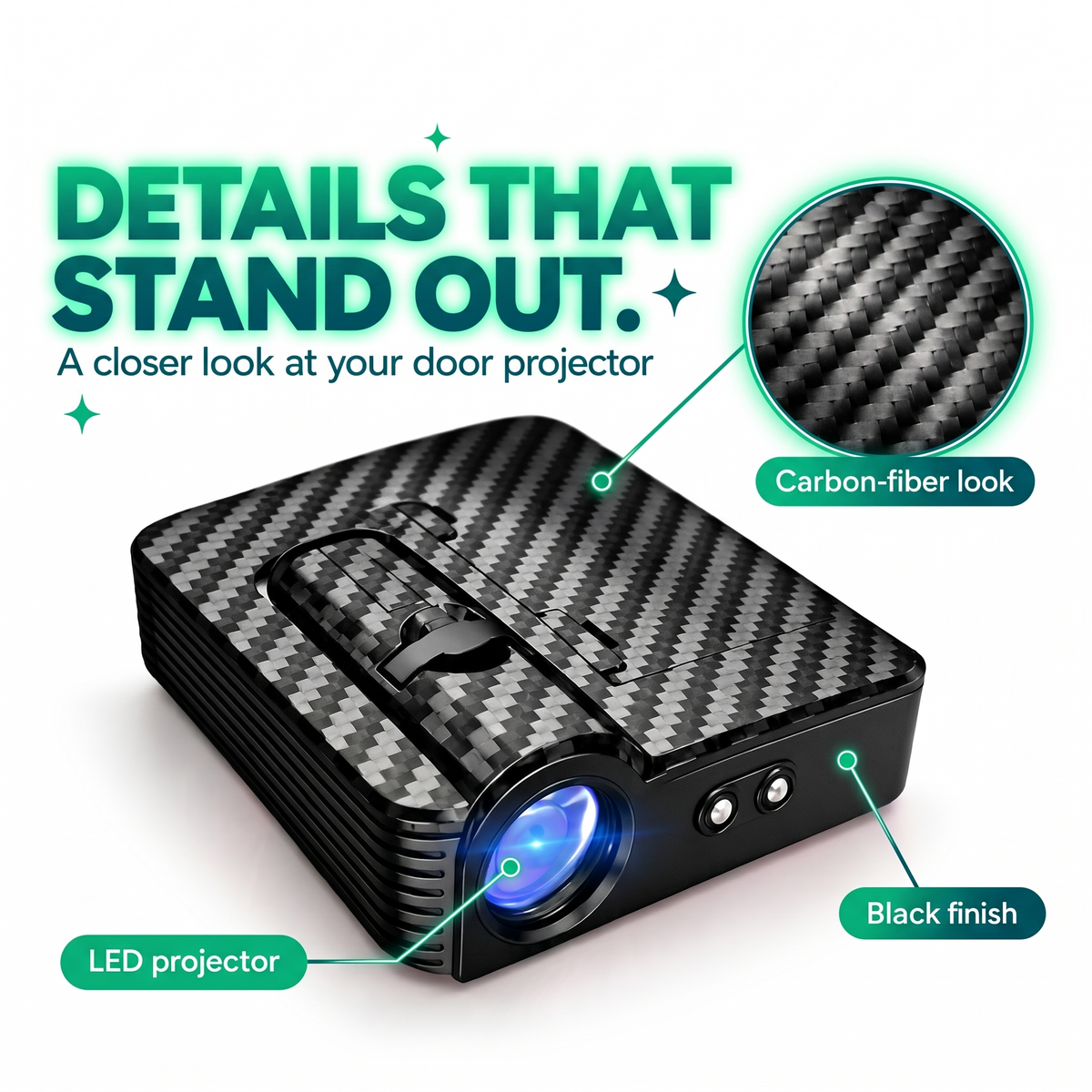 Car door projector with carbon-fibre finish and LED lens